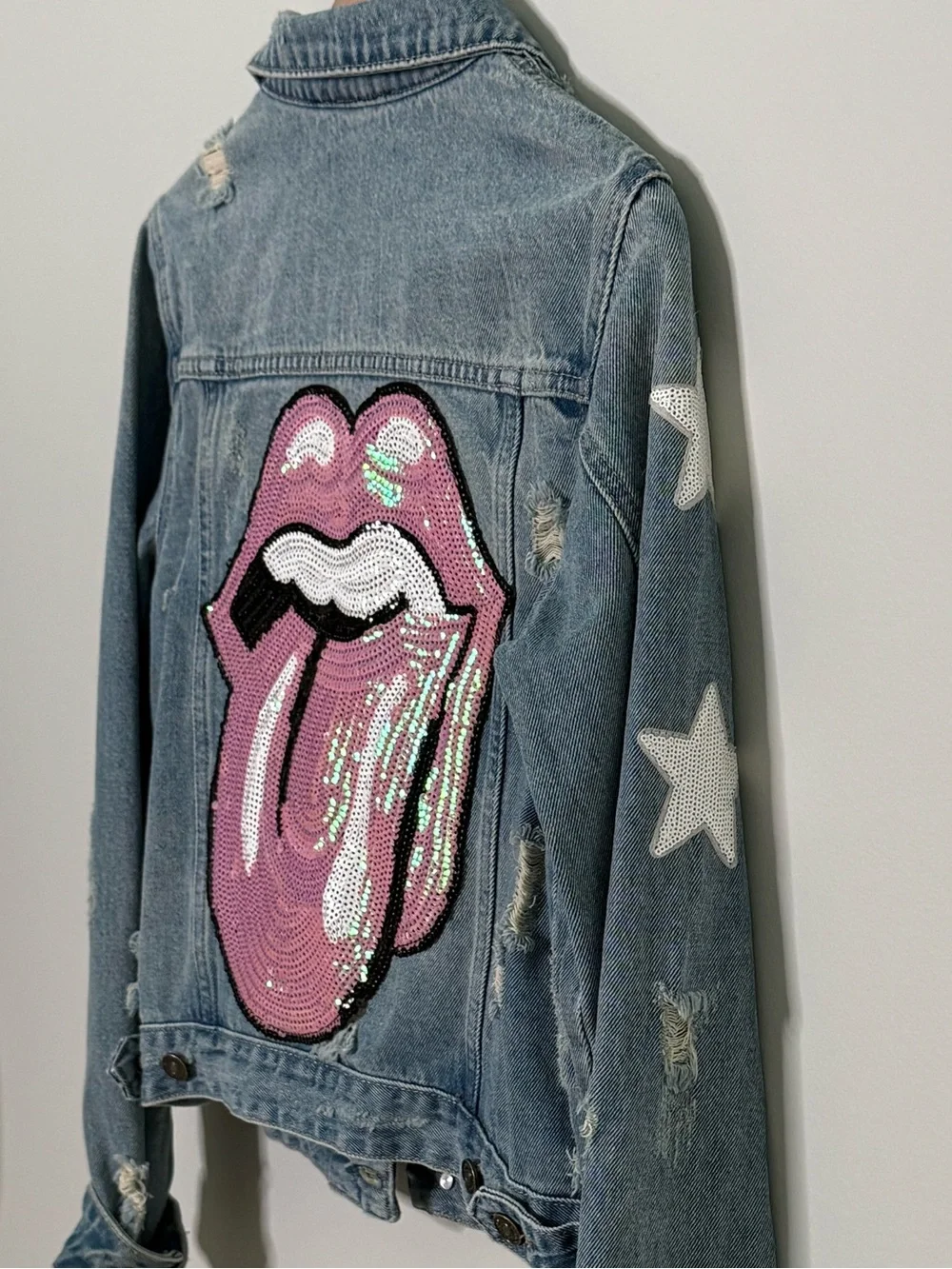 Distressed Rolling Stones Inspired+Stars Sequin Sleeve Denim Jacket by Sojara - Picture 1 of 8